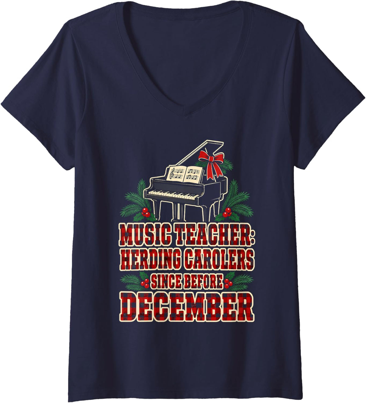 Women's Music Teacher Christmas Herding Carolers Buffalo Plaid Piano V-Neck T-Shirt - Navy Blue