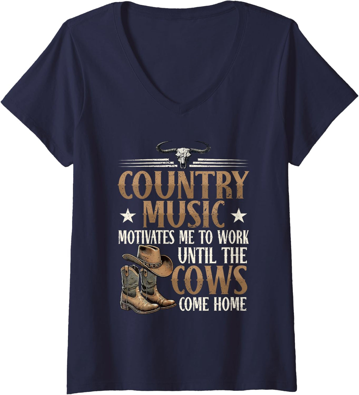 Women's Country Music Motivates Me Cow Farm Humor V-Neck T-Shirt - Navy Blue