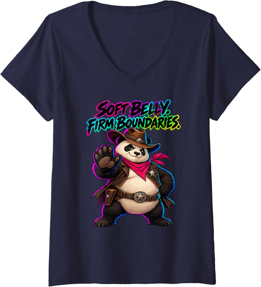 Women's Soft Belly Firm Boundaries Cowboy Panda Western Zen Calm V-Neck T-Shirt - Navy Blue