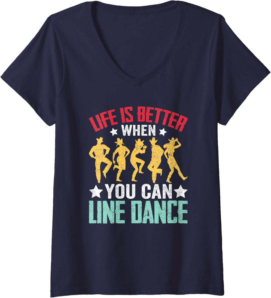 Women's Life is Better When You Can Line Dance V-Neck T-Shirt - Navy Blue