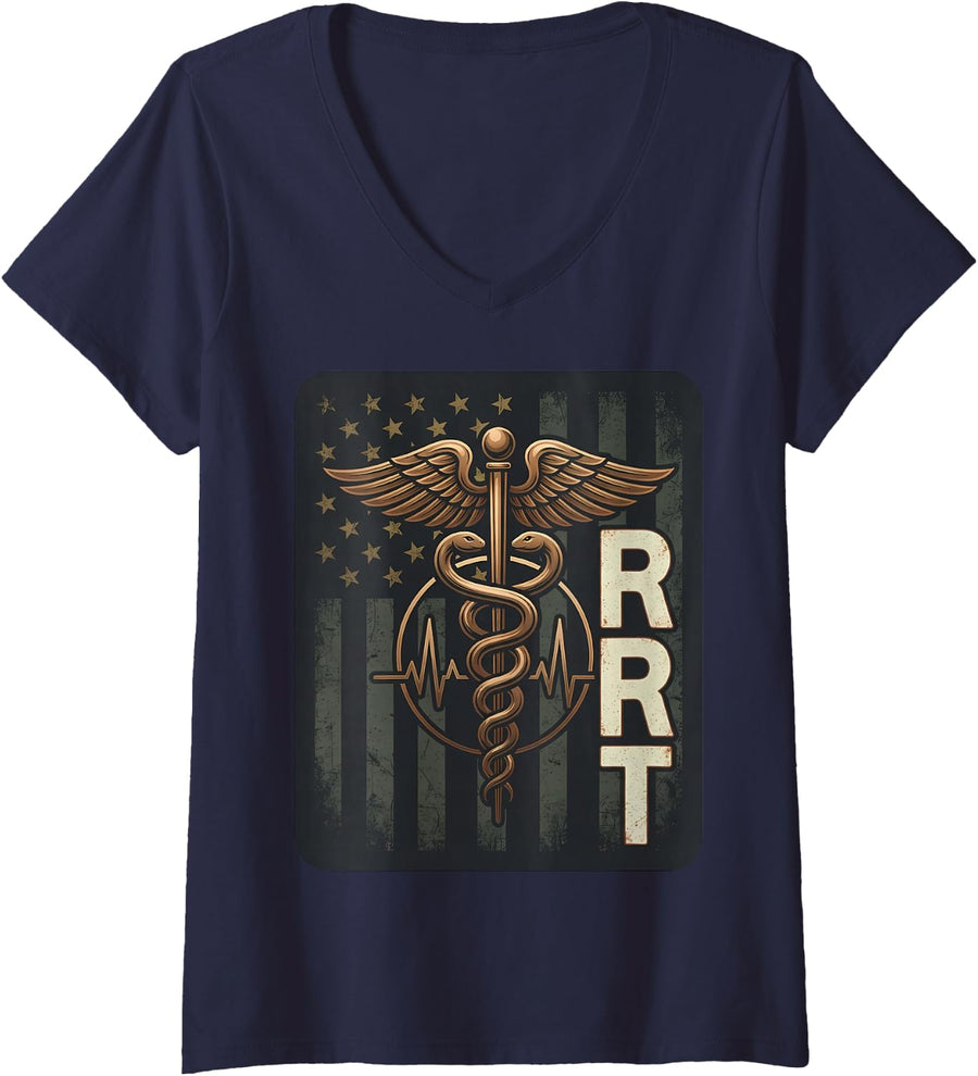 Women's RRT American Respiratory Therapist Pulmonary Care Lungs USA V-Neck T-Shirt - Navy Blue