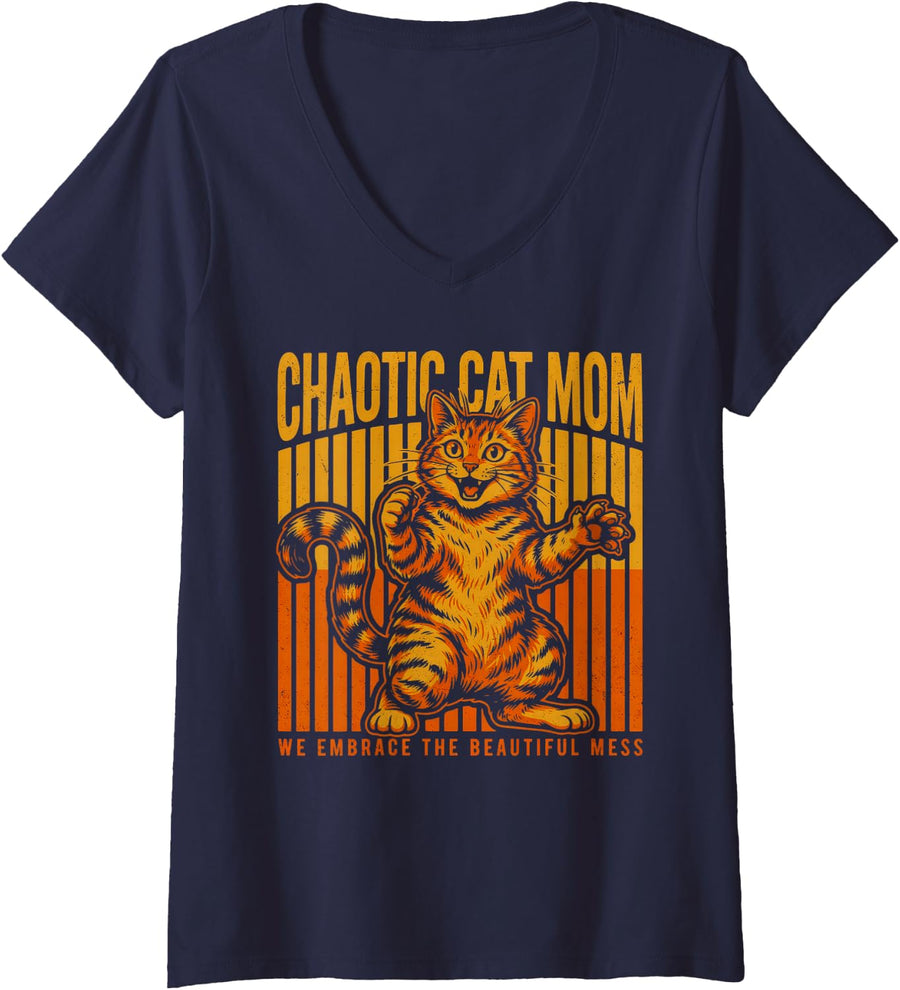 Women's Chaotic Cat Mom We Embrace The Beautiful Mess V-Neck T-Shirt - Navy Blue