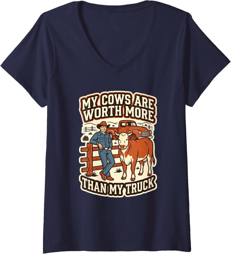 Women's My Cows are Worth More Cow Lover Farm Rancher Humor Ranch V-Neck T-Shirt - Navy Blue