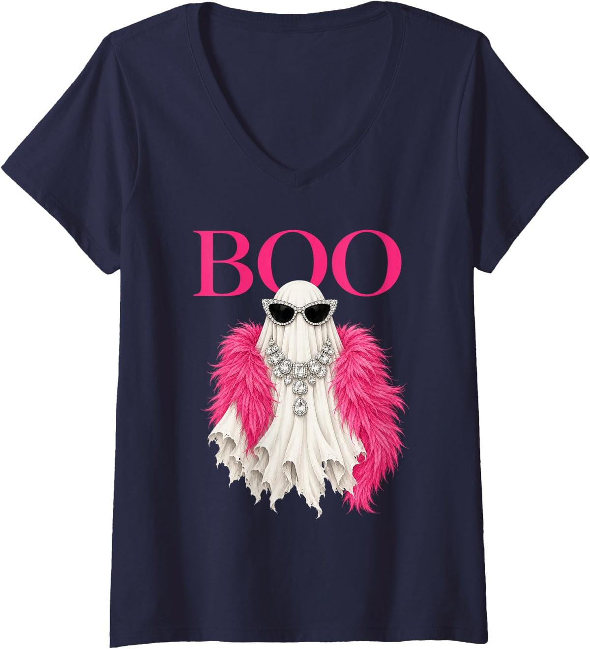 Women's Gifts Women Spooky Season Luxury Boo Ghost Halloween V-Neck T-Shirt - Navy Blue