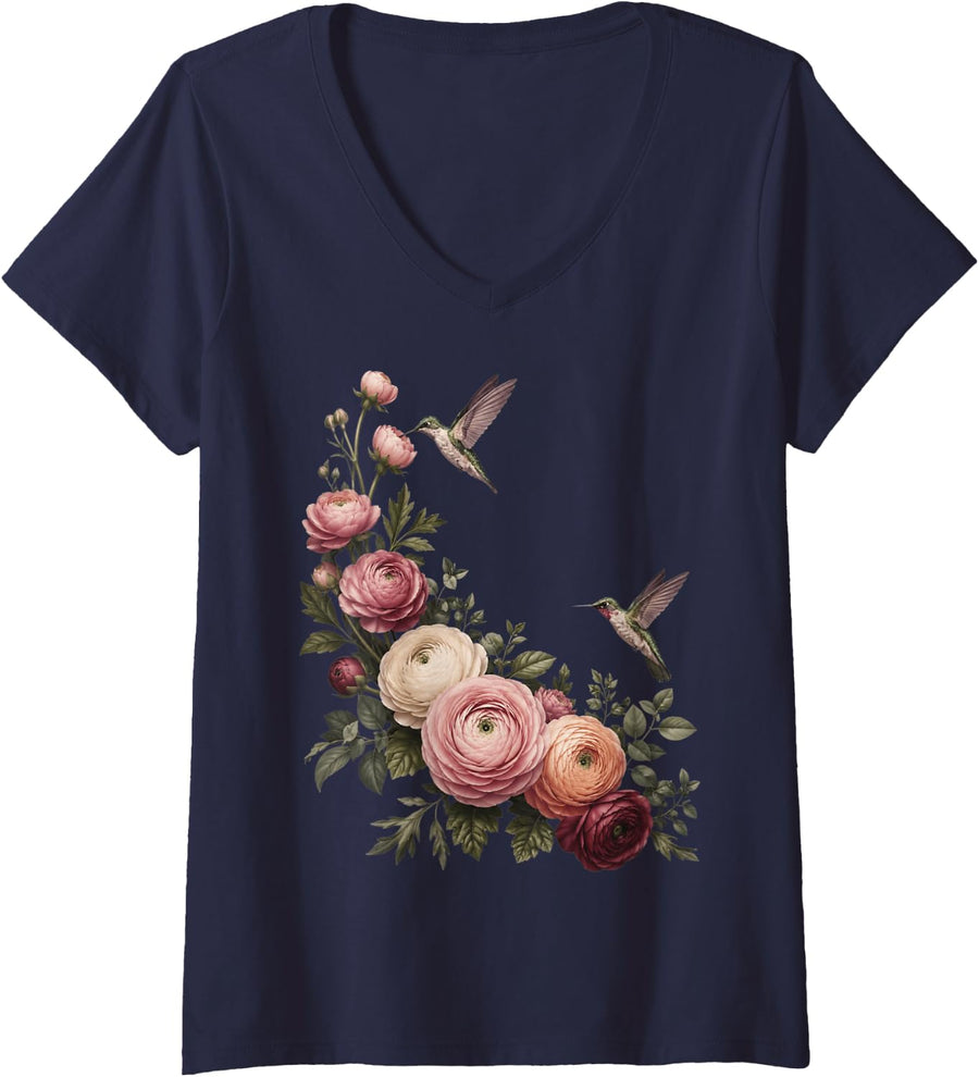 Women's Hummingbird Floral Botanical Garden Bird Lover V-Neck T-Shirt - Navy Blue