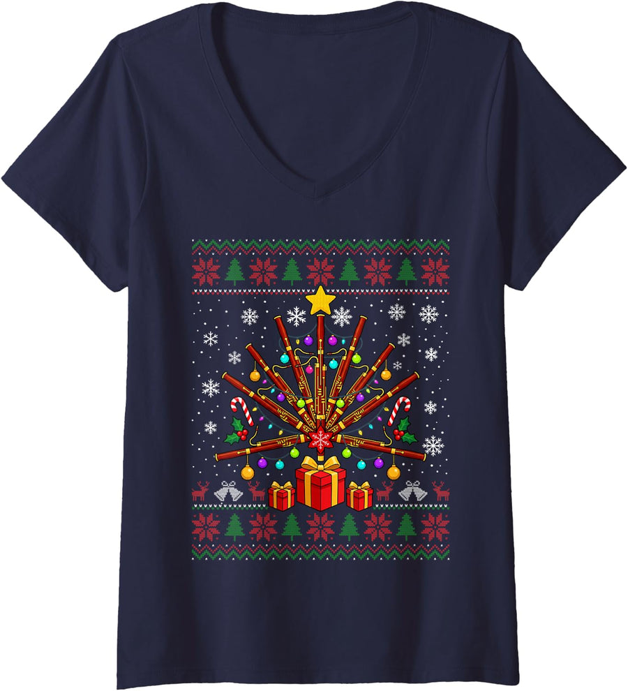 Women's Christmas Bassoon Tree Ugly Design Double Reed Musician V-Neck T-Shirt - Navy Blue
