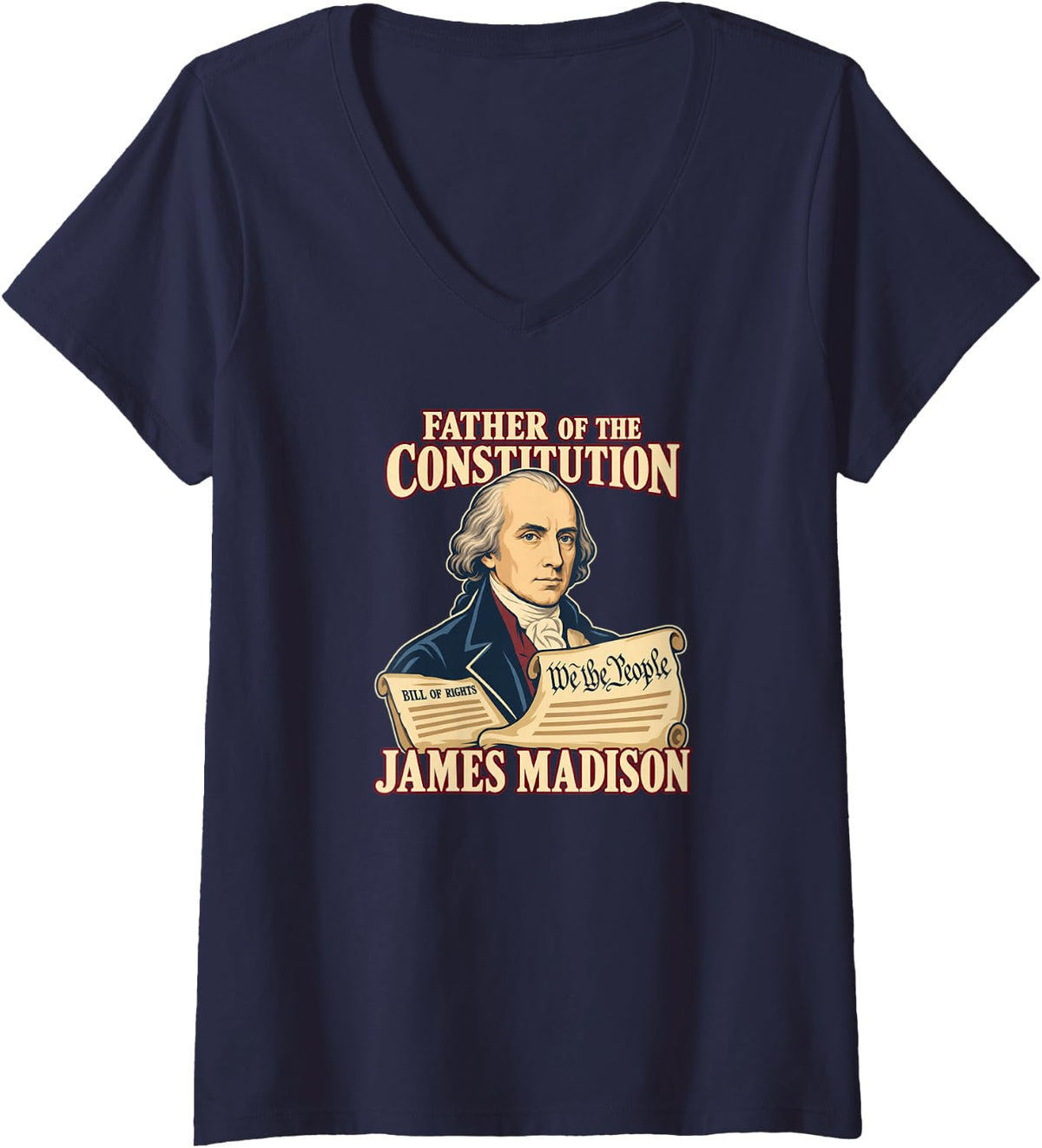 Women's James Madison Father of the Constitution Portrait V-Neck T-Shirt - Navy Blue