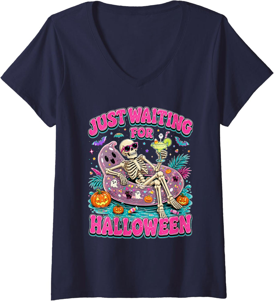 Women's Pink Spooky Season Funny Skeleton Just Waiting for Halloween V-Neck T-Shirt - Navy Blue