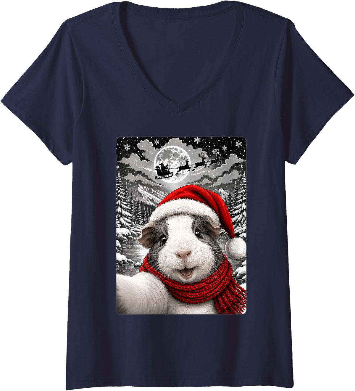 Women's Festive Santa Hat Cutie Guinea Pig Christmas Selfie Fun V-Neck T-Shirt - Navy Blue