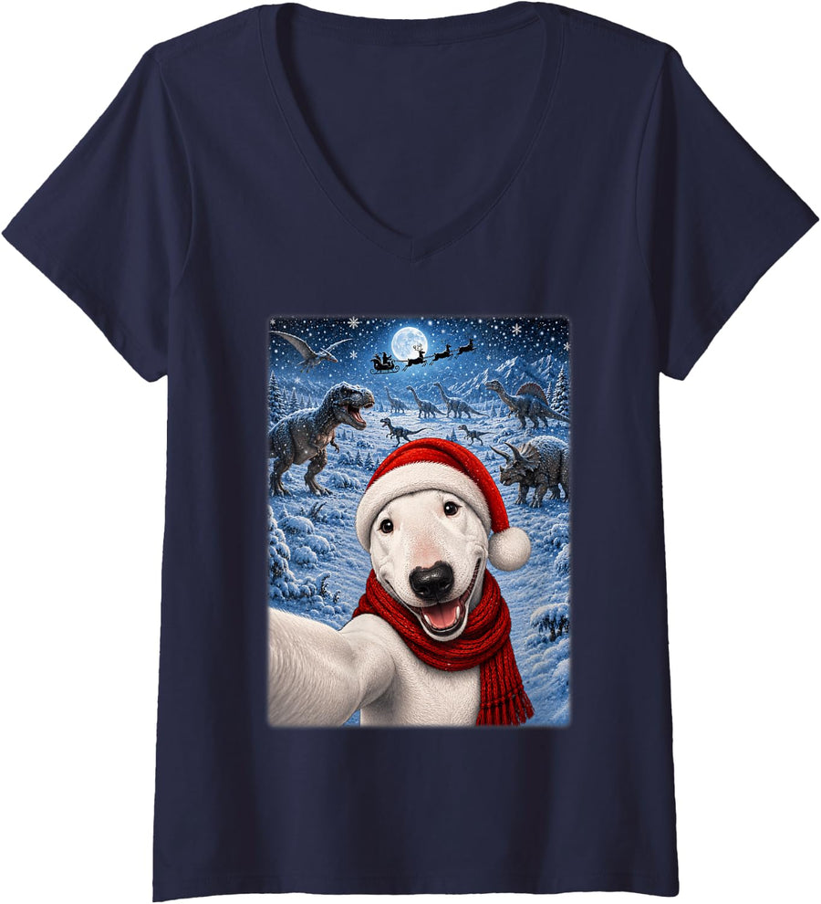 Women's Bull Terrier Dog Christmas Moon Night Starry Dinosaurs Xmas V-Neck T-Shirt - Navy Blue