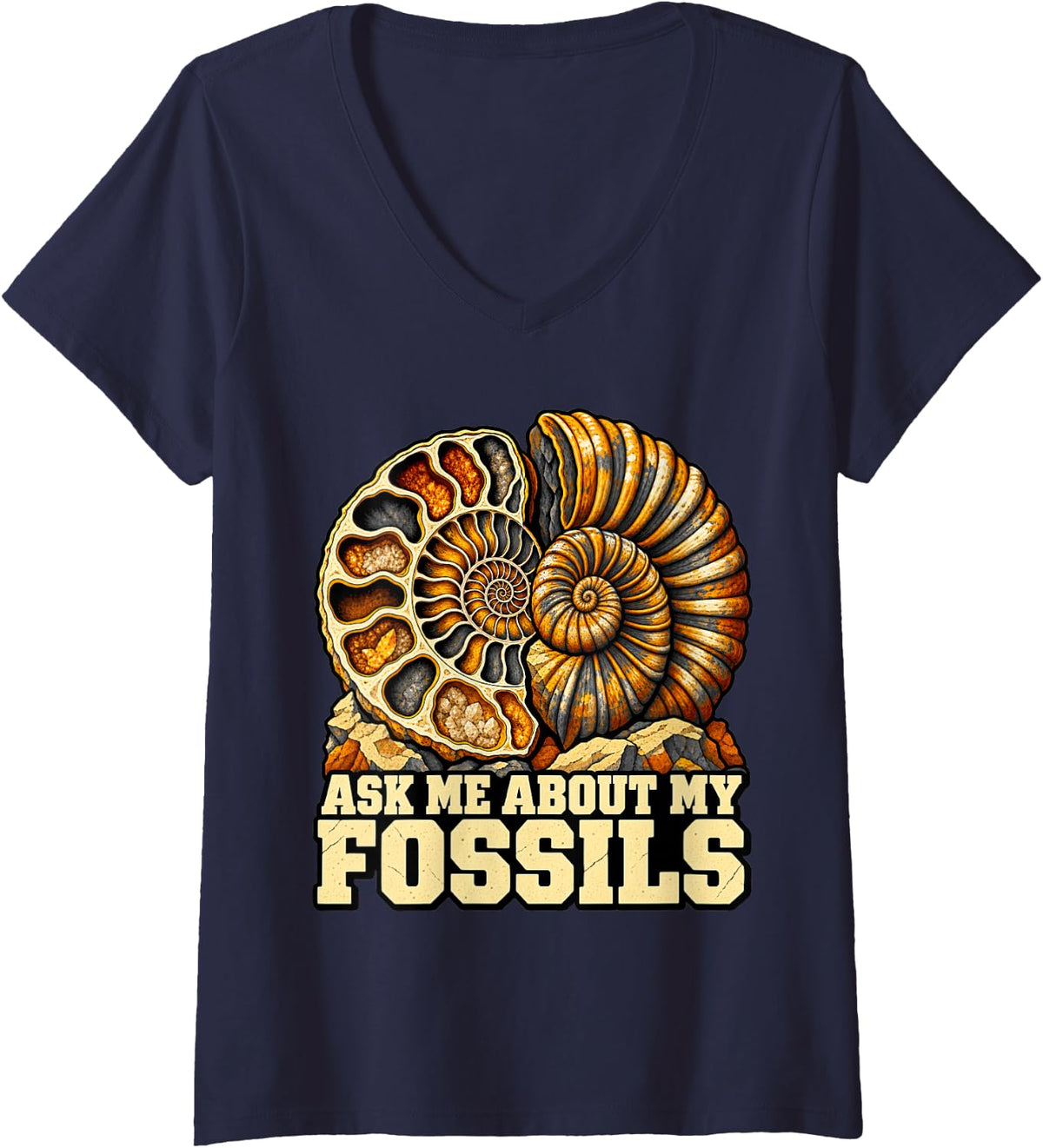 Women's Paleontology Ask Me About My Fossils Hunter Ammonite Fans V-Neck T-Shirt - Navy Blue
