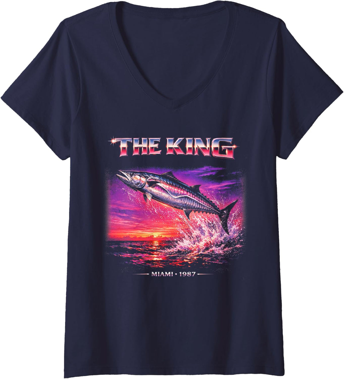 Women's Kingfish Retro 80s Miami FL Deepsea King Mackerel Fishing V-Neck T-Shirt - Navy Blue