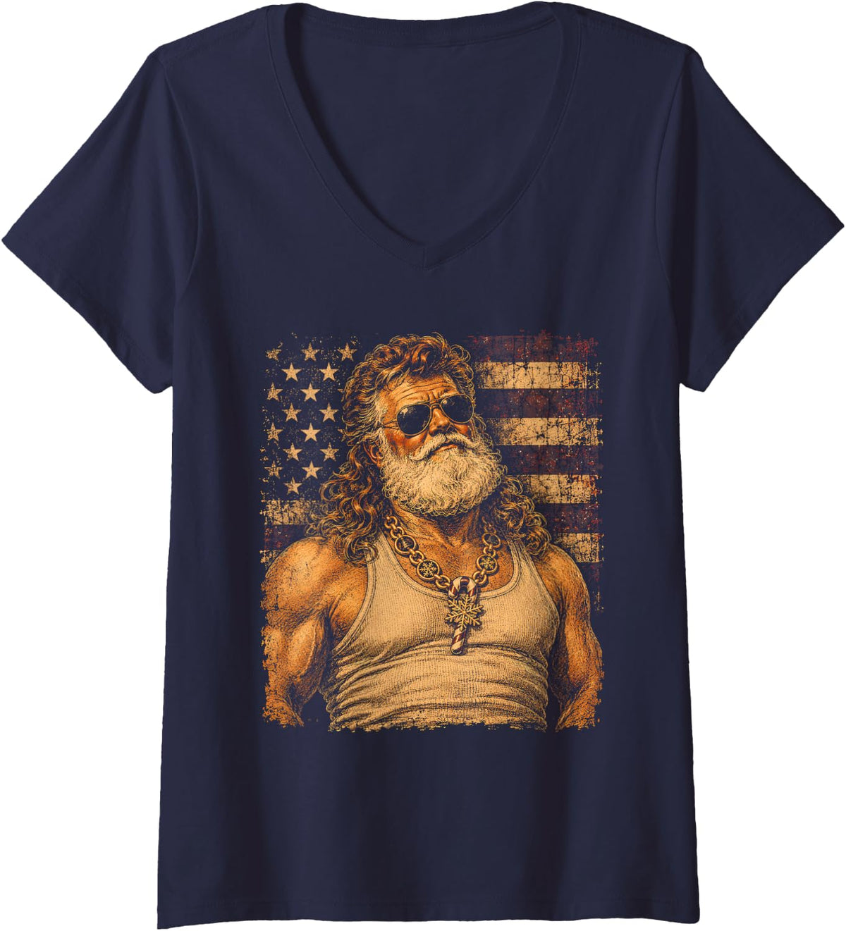Women's Patriotic Santa Mullet Man American Flag Christmas Funny V-Neck T-Shirt - Navy Blue