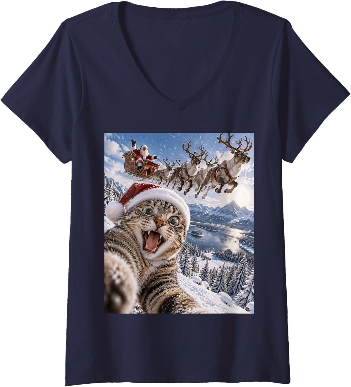 Women's Funny Cat Selfie Flying Santa Sleigh Snowy Winter Holiday V-Neck T-Shirt - Navy Blue