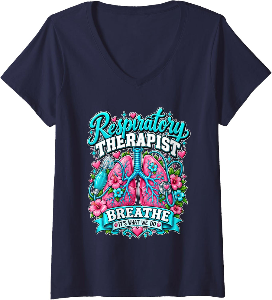 Women's Respiratory Therapist Lungs Breathe Medical RT RRT V-Neck T-Shirt - Navy Blue
