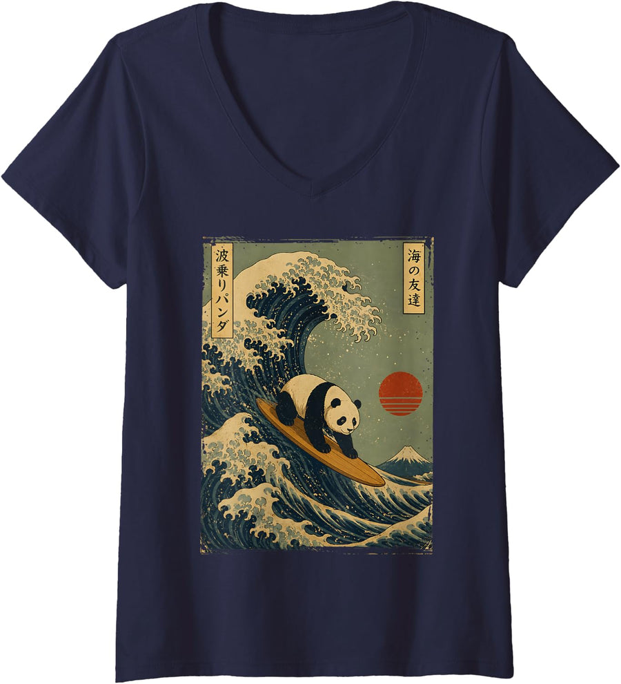 Women's Panda Surfing Japanese Art Great Wave Ukiyo E Mount Fuji V-Neck T-Shirt - Navy Blue