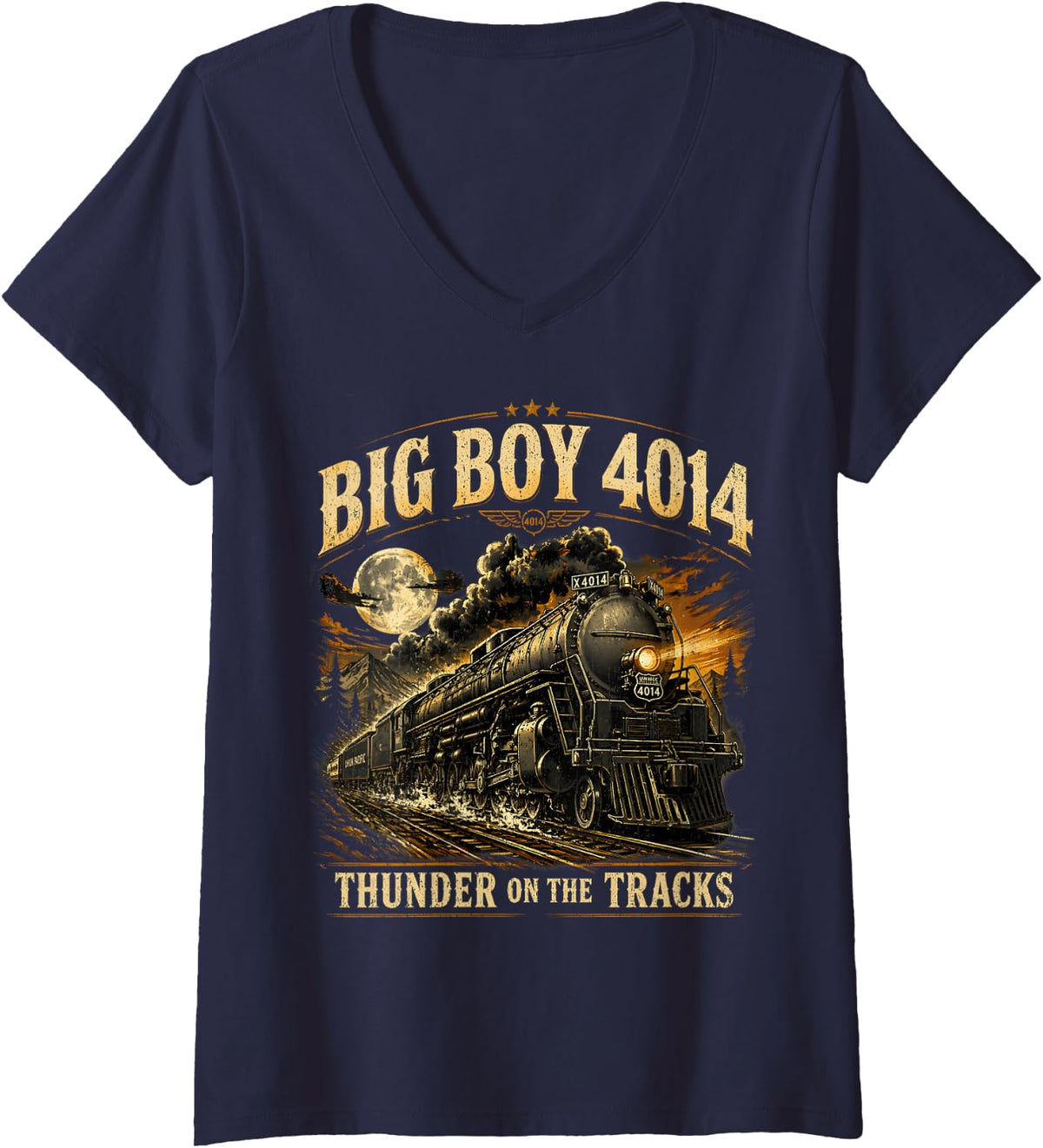 Women's Big Boy 4014 Vintage Steam Locomotive Retro Tee V-Neck T-Shirt - Navy Blue