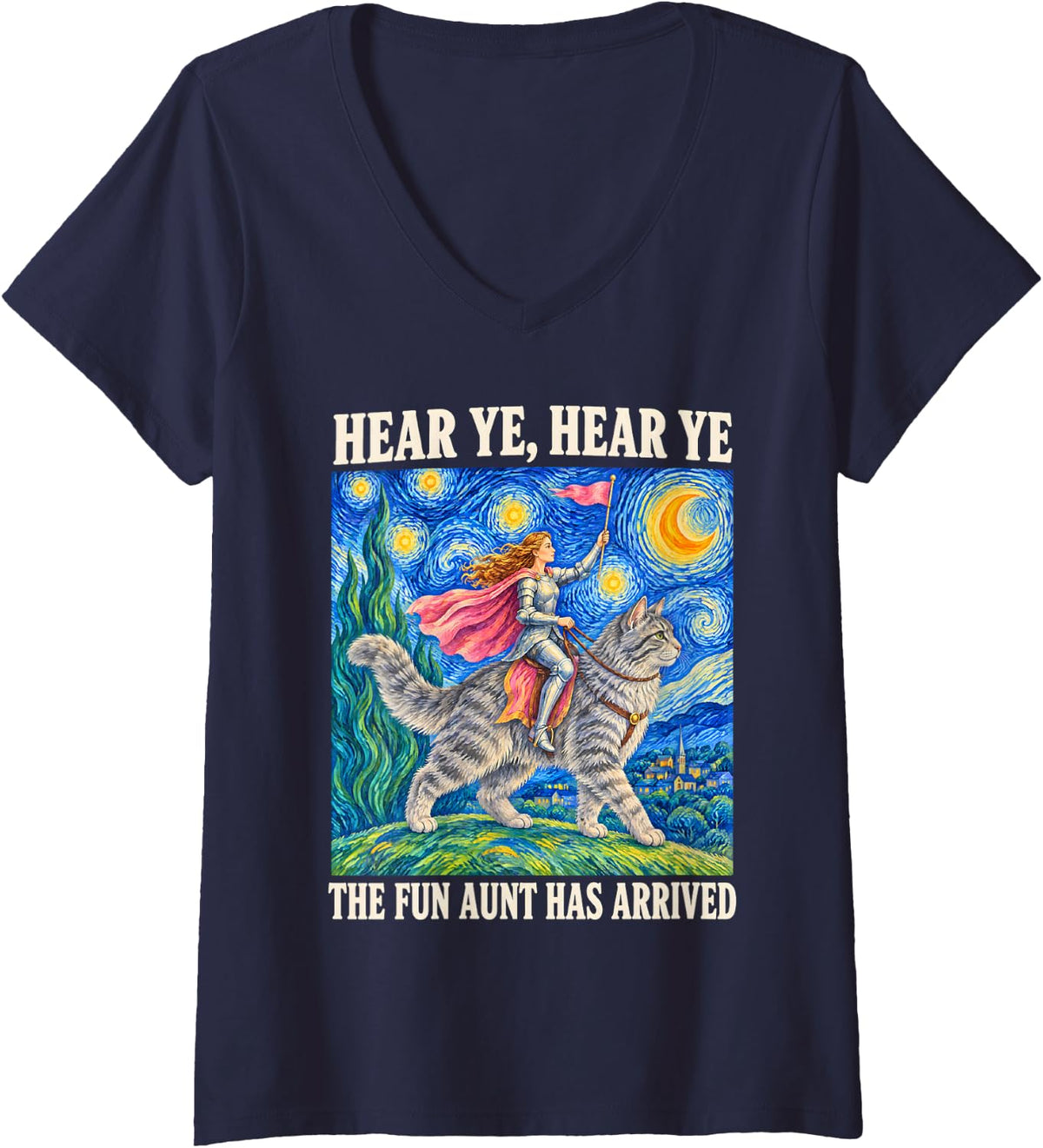 Women's Hear Ye The Fun Aunt Has Arrived Knight Cat Feral Aunt V-Neck T-Shirt - Navy Blue