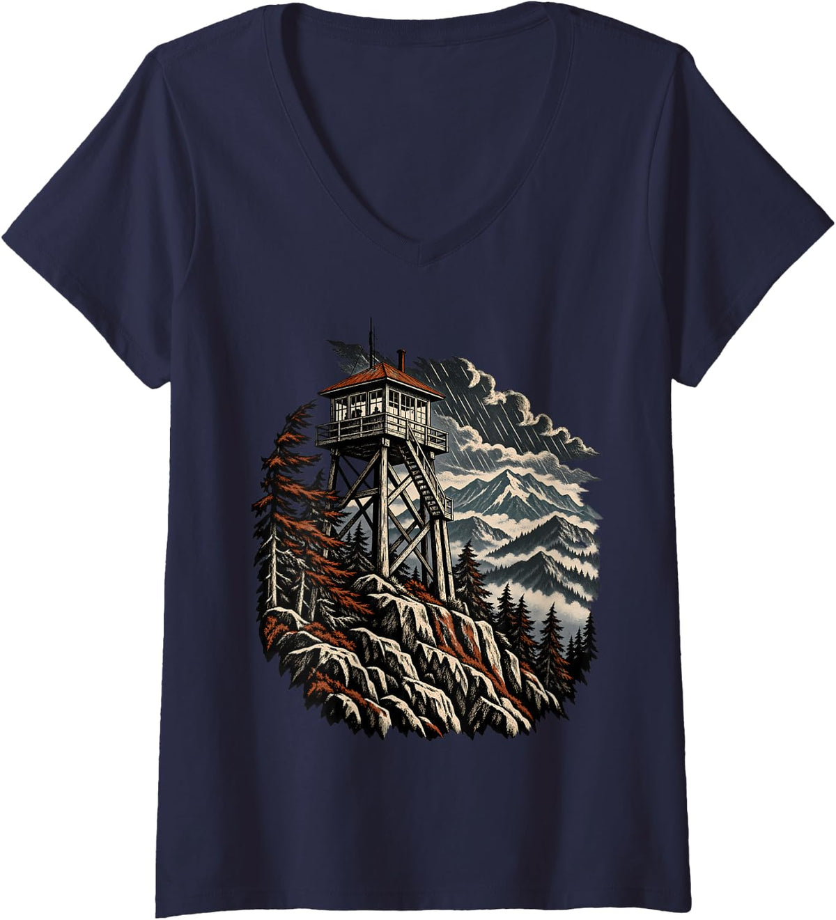 Women's Storm Watch Fire Lookout Tower Scene V-Neck T-Shirt - Navy Blue