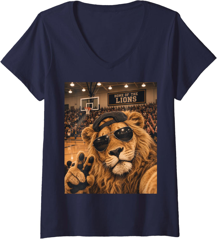 Women's Lion Selfie Funny Basketball Vintage Game Day Cool Mascot V-Neck T-Shirt - Navy Blue