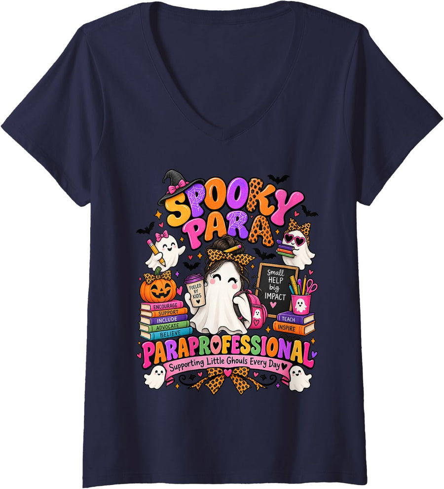 Women's Spooky para Paraprofessional Halloween Teacher V-Neck T-Shirt - Navy Blue