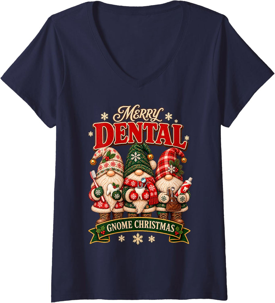 Women's Vintage Christmas Dental Gnomes Dentist Art V-Neck T-Shirt - Navy Blue