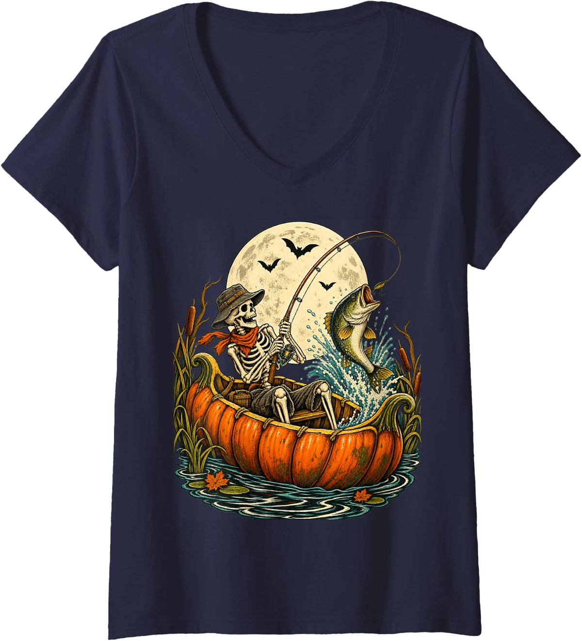 Women's Skeleton Fisherman Pumpkin Boat Halloween Bass Fishing V-Neck T-Shirt - Navy Blue