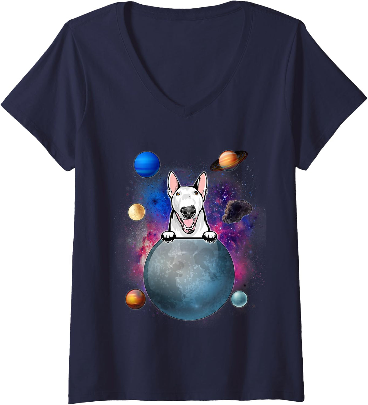 Women's Bull Terrier On The Moon Galaxy Funny Puppy Spcae Dog Lover V-Neck T-Shirt - Navy Blue