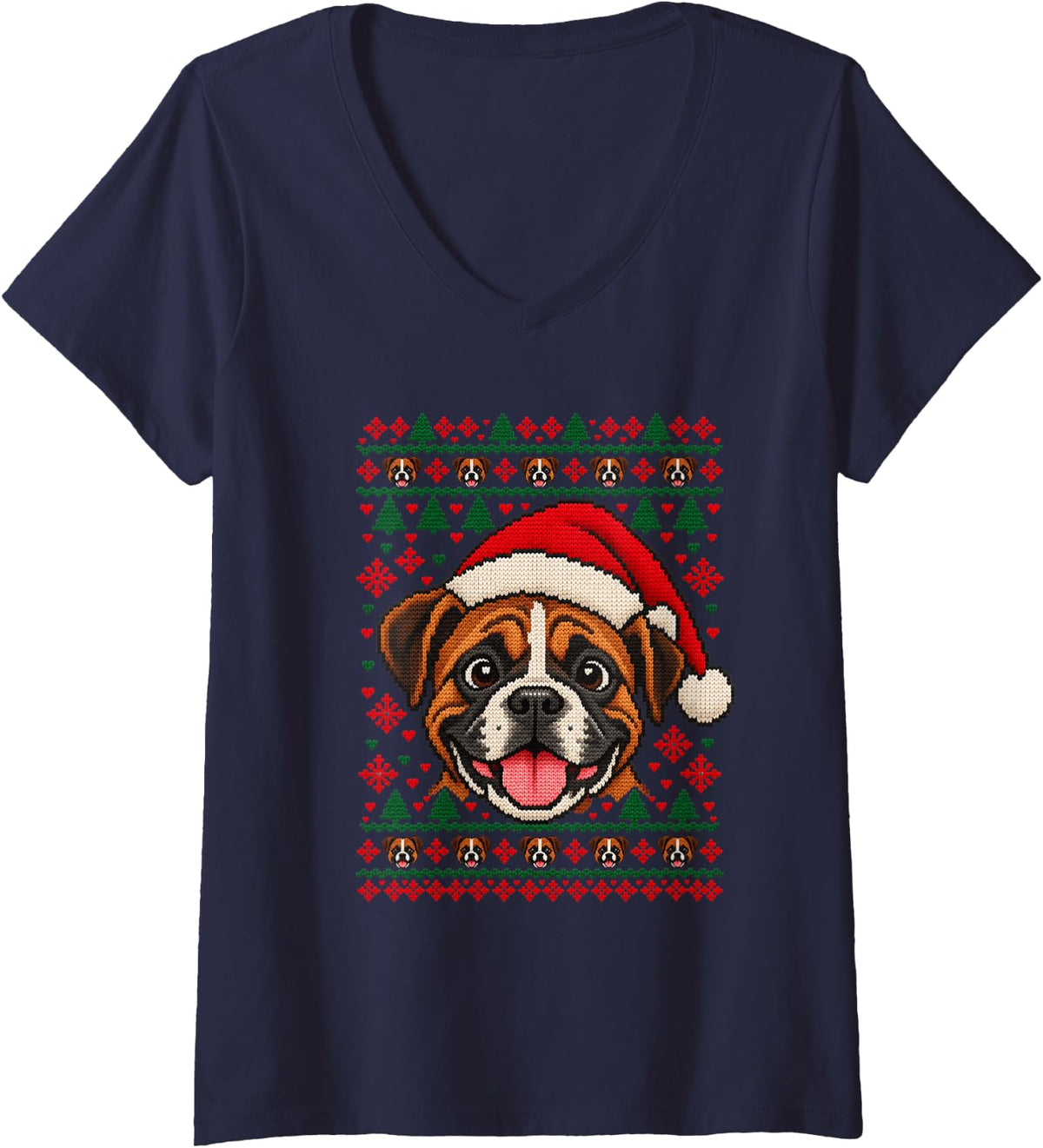 Women's Happy Boxer Christmas Santa Hat Sweater Men Women V-Neck T-Shirt - Navy Blue