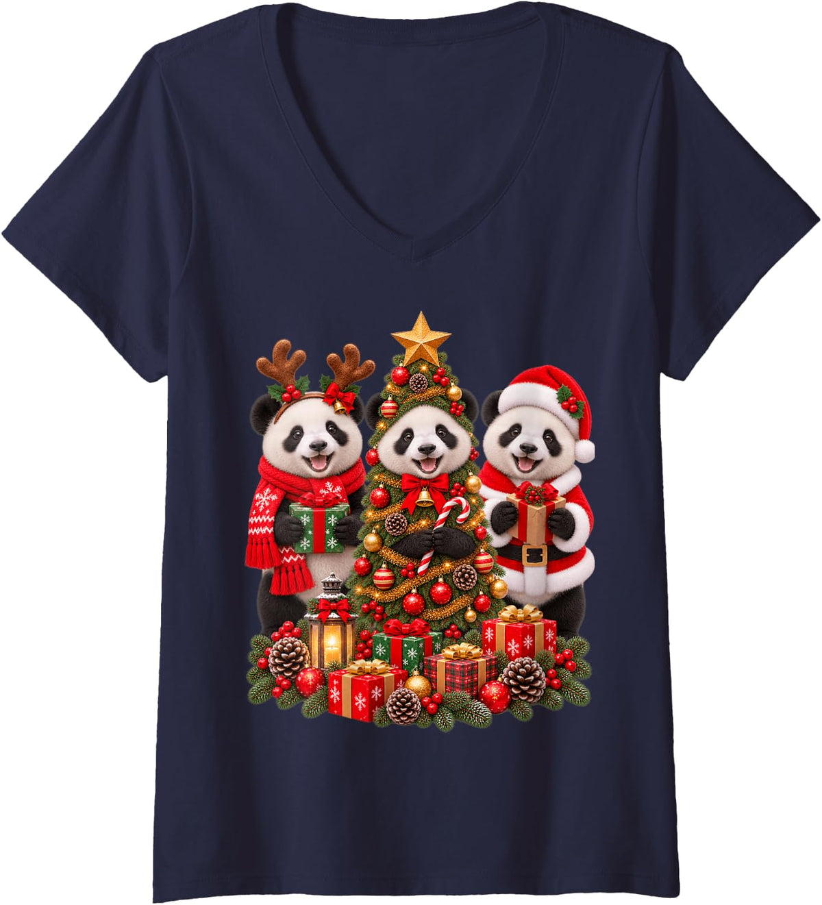 Women's Retro Christmas Panda Santa Reindeer Animal Lover V-Neck T-Shirt - Navy Blue