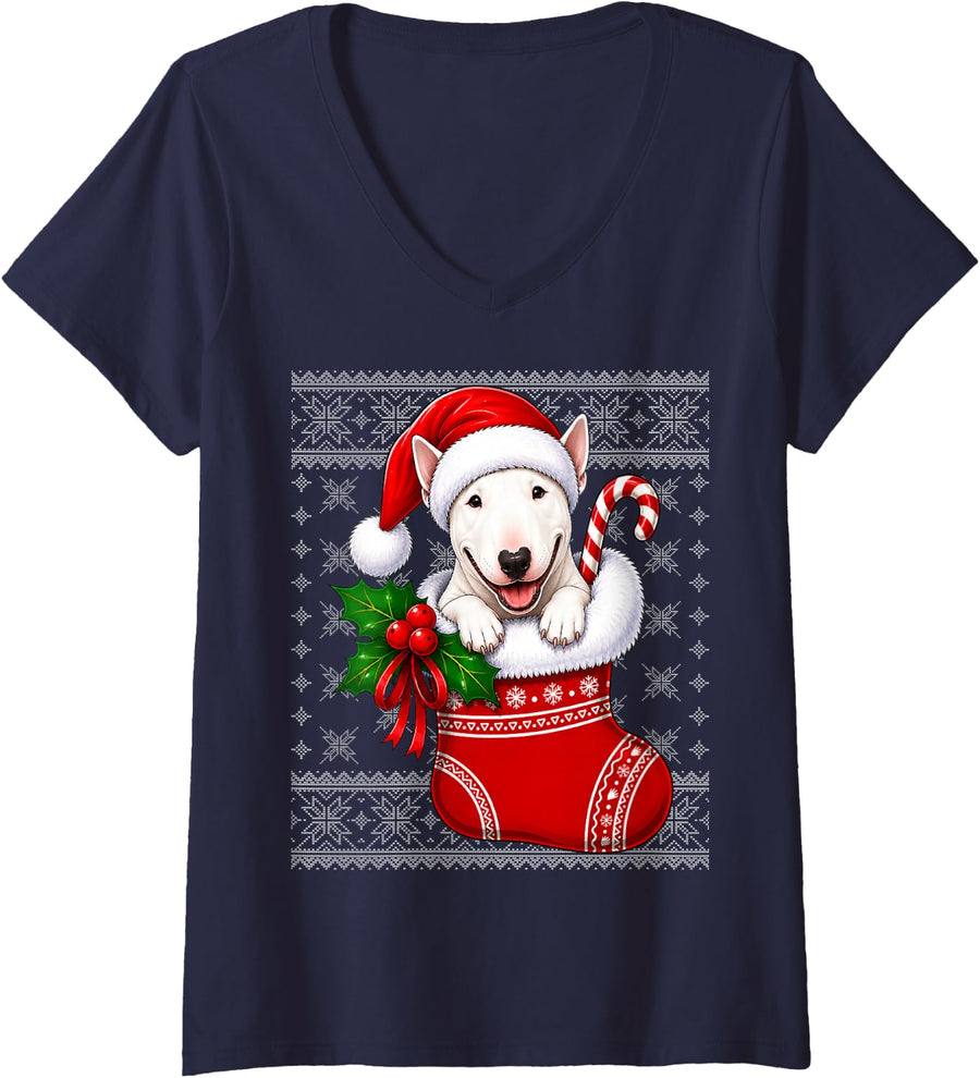 Women's Bull Terrier Dog Christmas Stocking Cute Festive Ugly Xmas V-Neck T-Shirt - Navy Blue