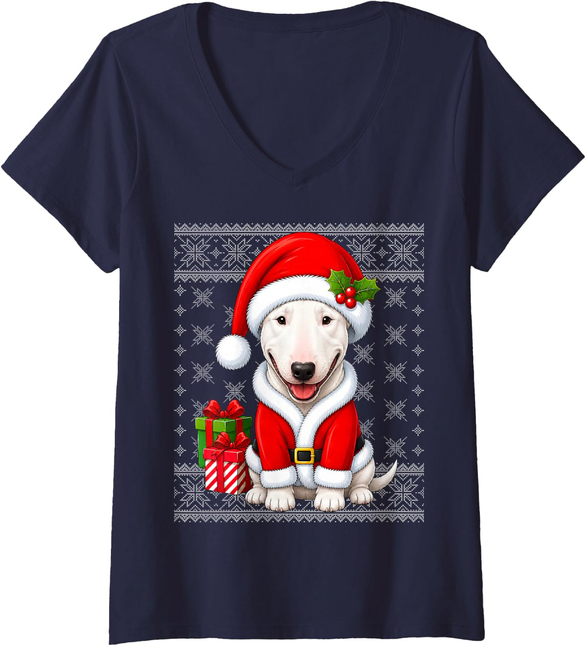Women's Bull Terrier Dog in Christmas Santa Costume Ugly Xmas V-Neck T-Shirt - Navy Blue