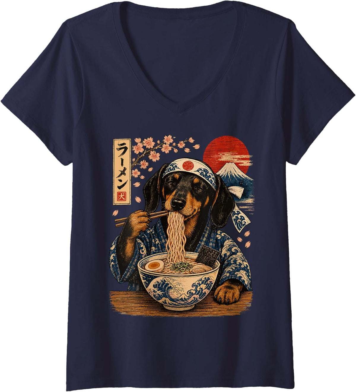 Women's Dachshund Dog Eating Ramen Japanese Wiener Dog V-Neck T-Shirt - Navy Blue
