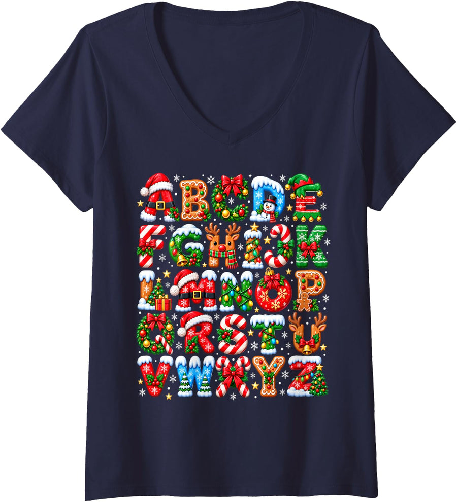 Women's Teacher Christmas Alphabet Holiday Kindergarten Kids V-Neck T-Shirt - Navy Blue