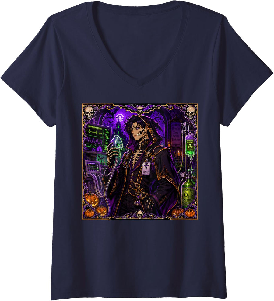 Women's Respiratory Therapist Therapy Skeleton Spooky Horror Mens V-Neck T-Shirt - Navy Blue