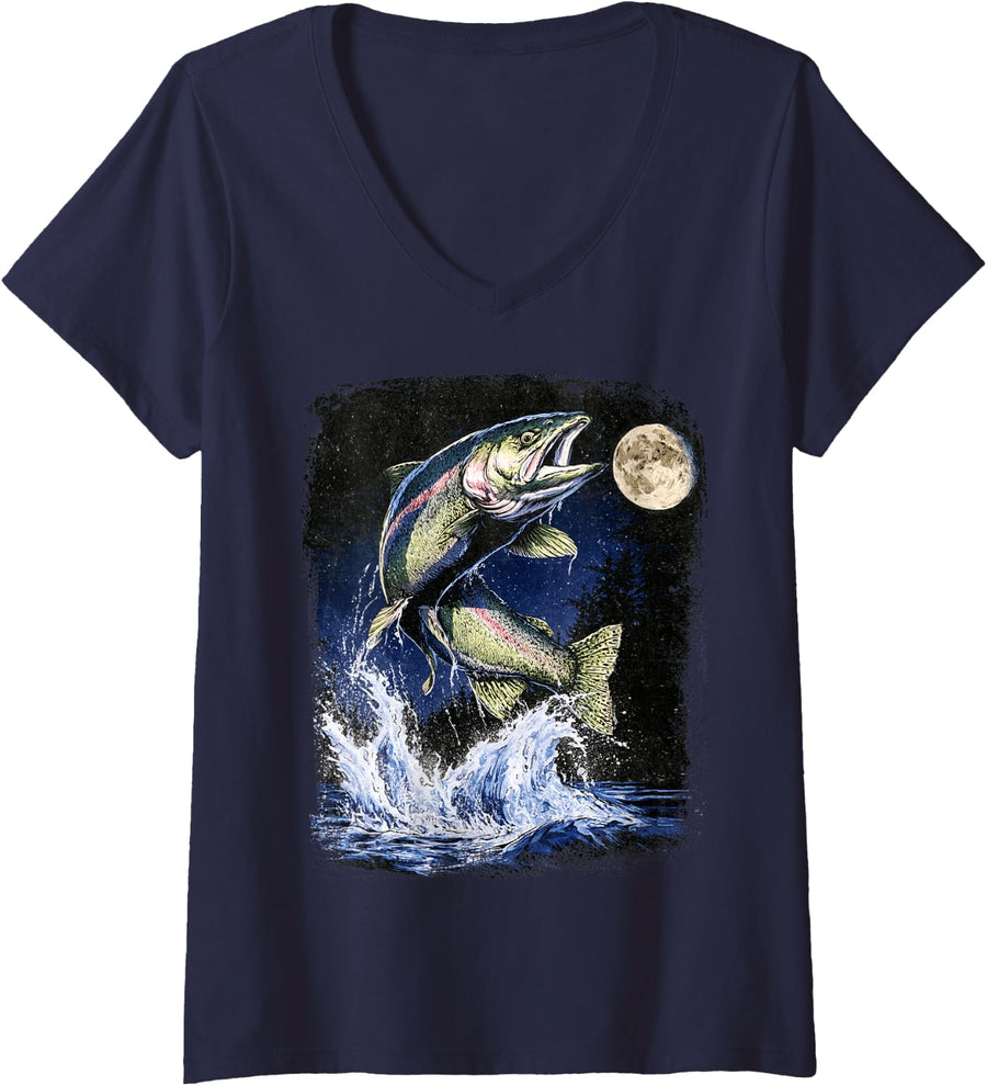 Women's Fishing Retro Rainbow Trout 90s River Wildlife Vintage Fish V-Neck T-Shirt - Navy Blue