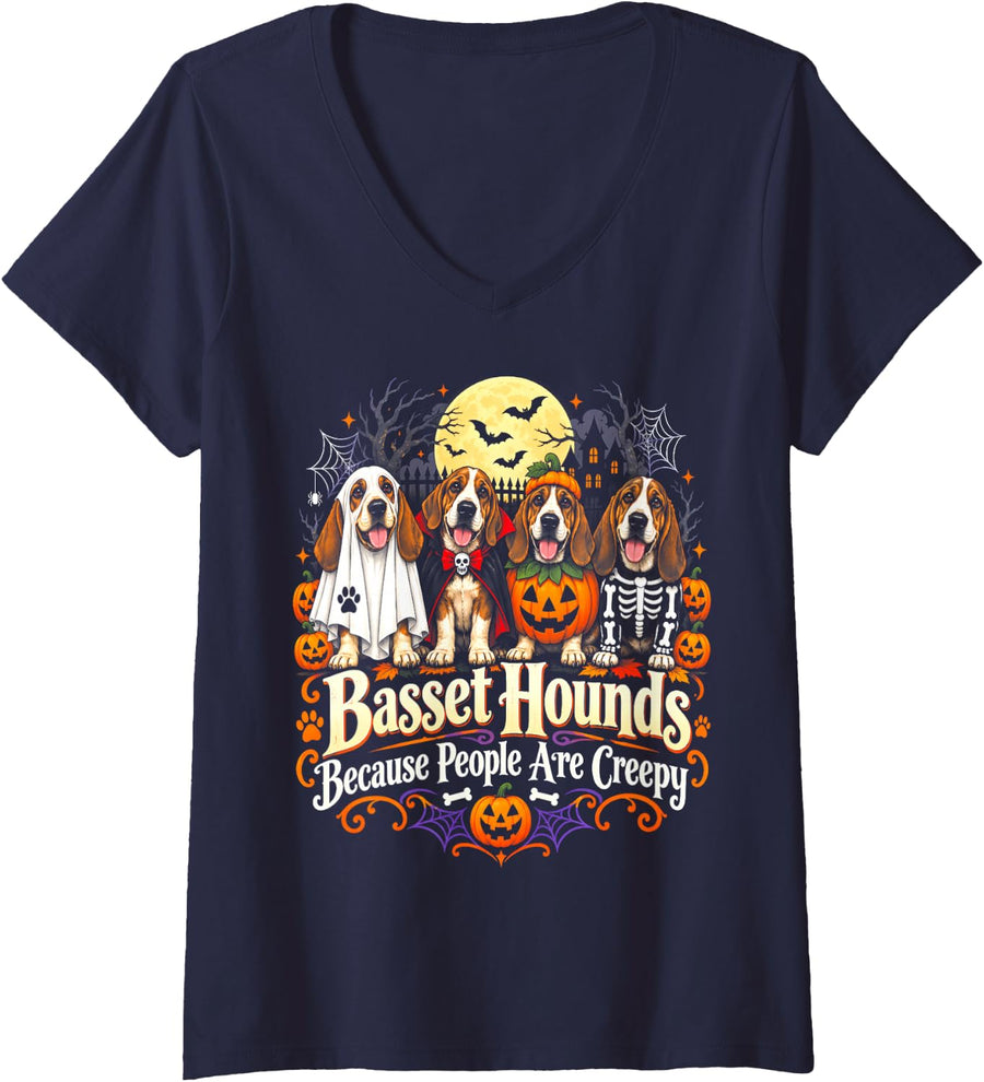 Women's Basset Hounds Because People are Creepy Halloween Dog V-Neck T-Shirt - Navy Blue
