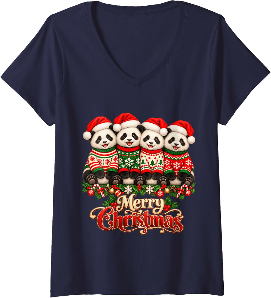 Women's Merry Christmas Panda Santa Hat Holiday Animal Lover V-Neck T-Shirt - Navy Blue