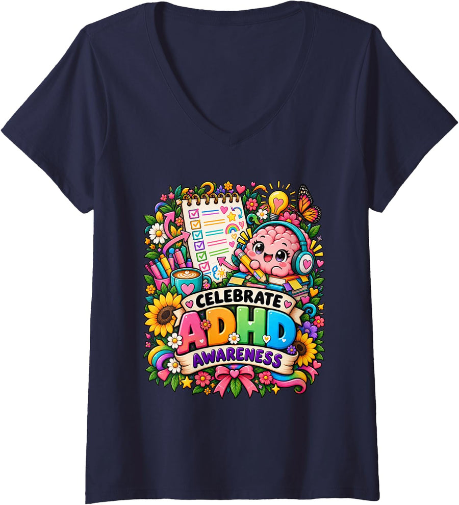 Women's Celebrate ADHD Awareness Neurodiversity Warrior Support V-Neck T-Shirt - Navy Blue
