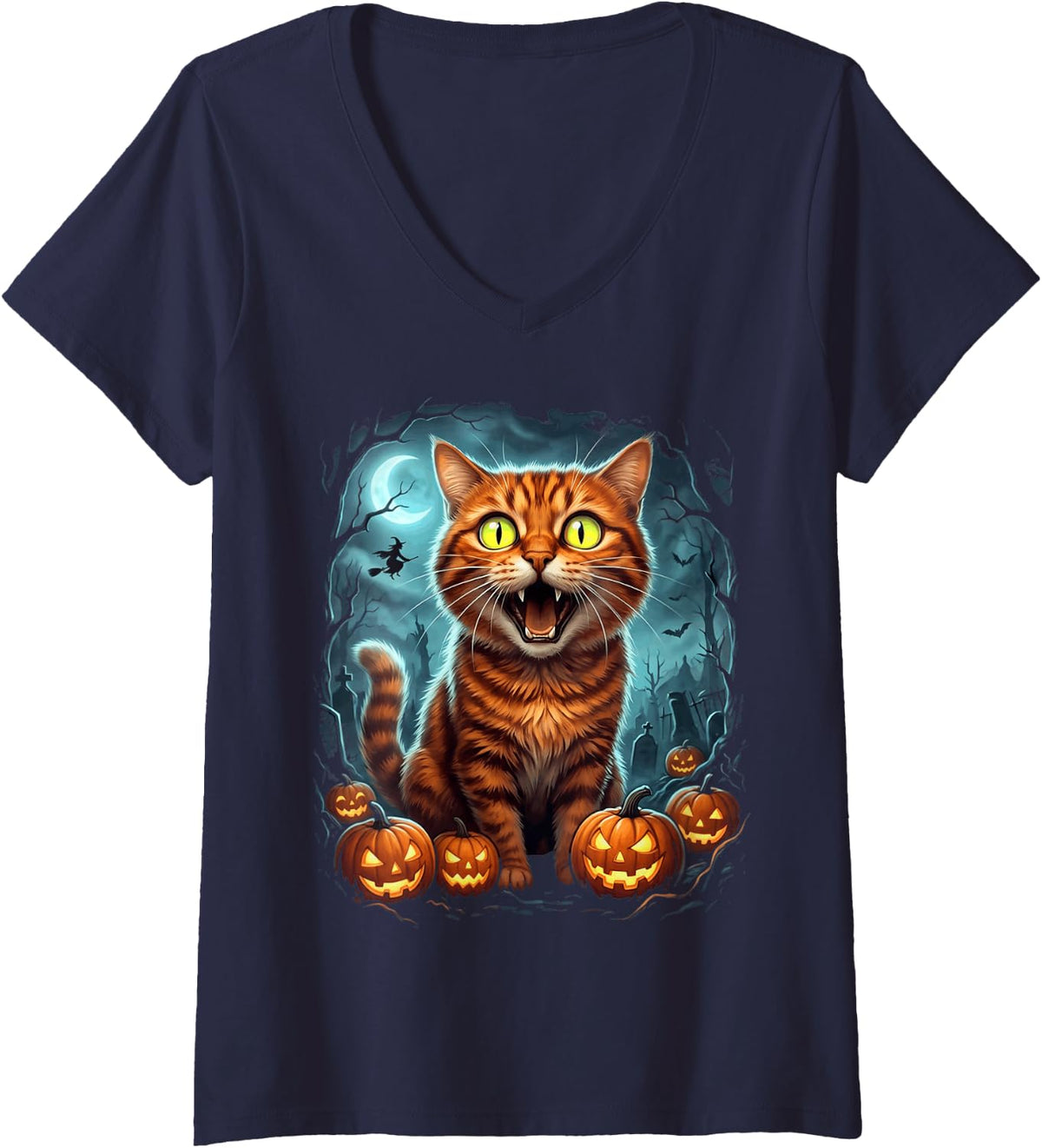 Women's Halloween Cat Pumpkin Funny Spooky Cat Lover Jack O Lantern V-Neck T-Shirt - Navy Blue