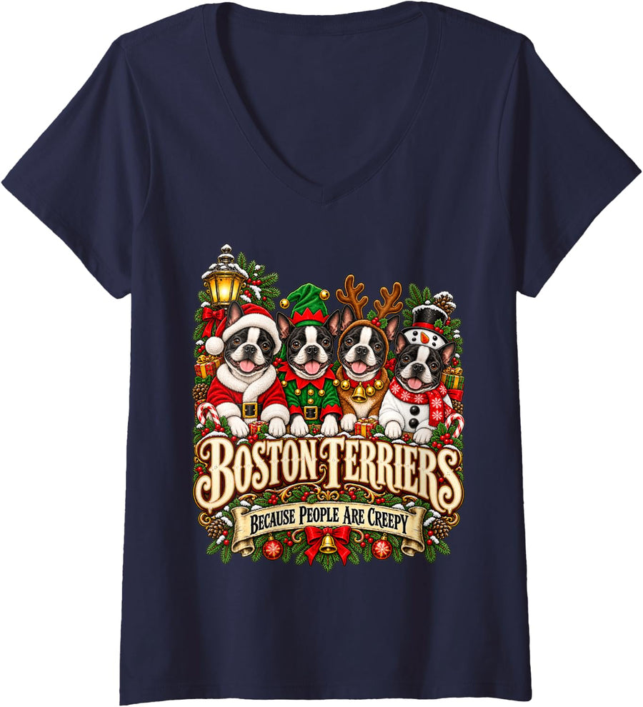 Women's Boston Terriers Because People are Creepy V-Neck T-Shirt - Navy Blue