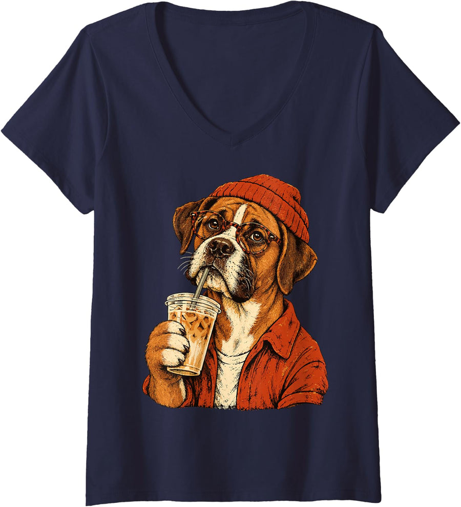 Women's Boxer Dog Hipster Iced Coffee Funny Boxer Dog V-Neck T-Shirt - Navy Blue