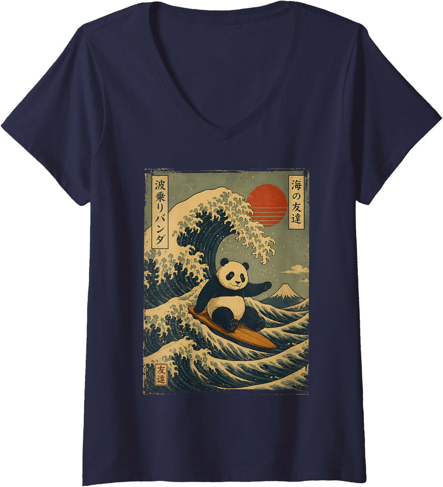 Women's Panda Riding Wave Japanese Art Ukiyo E Mount Fuji Surf V-Neck T-Shirt - Navy Blue