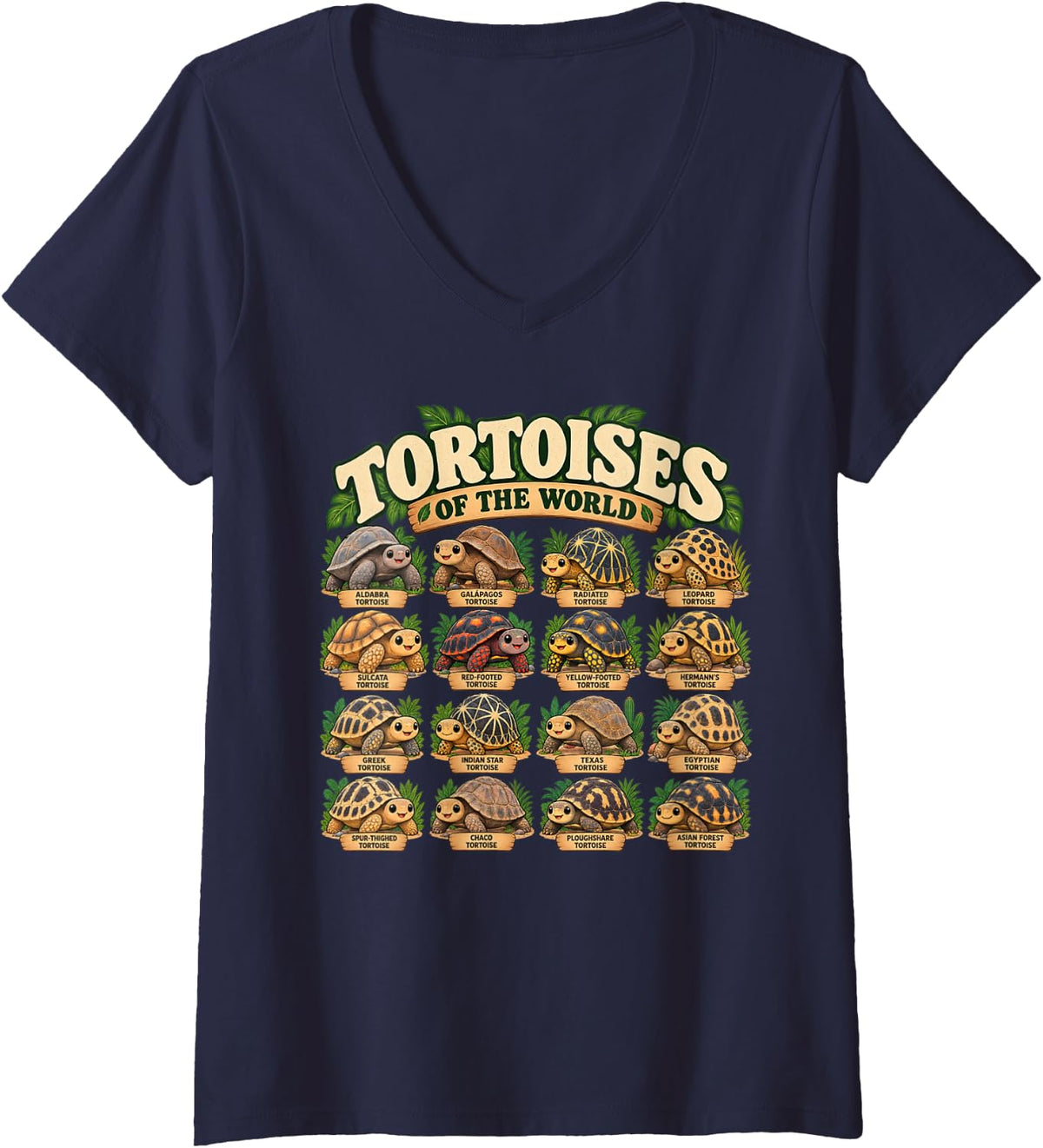 Women's Tortoises of The World Kawaii Reptile Species V-Neck T-Shirt - Navy Blue