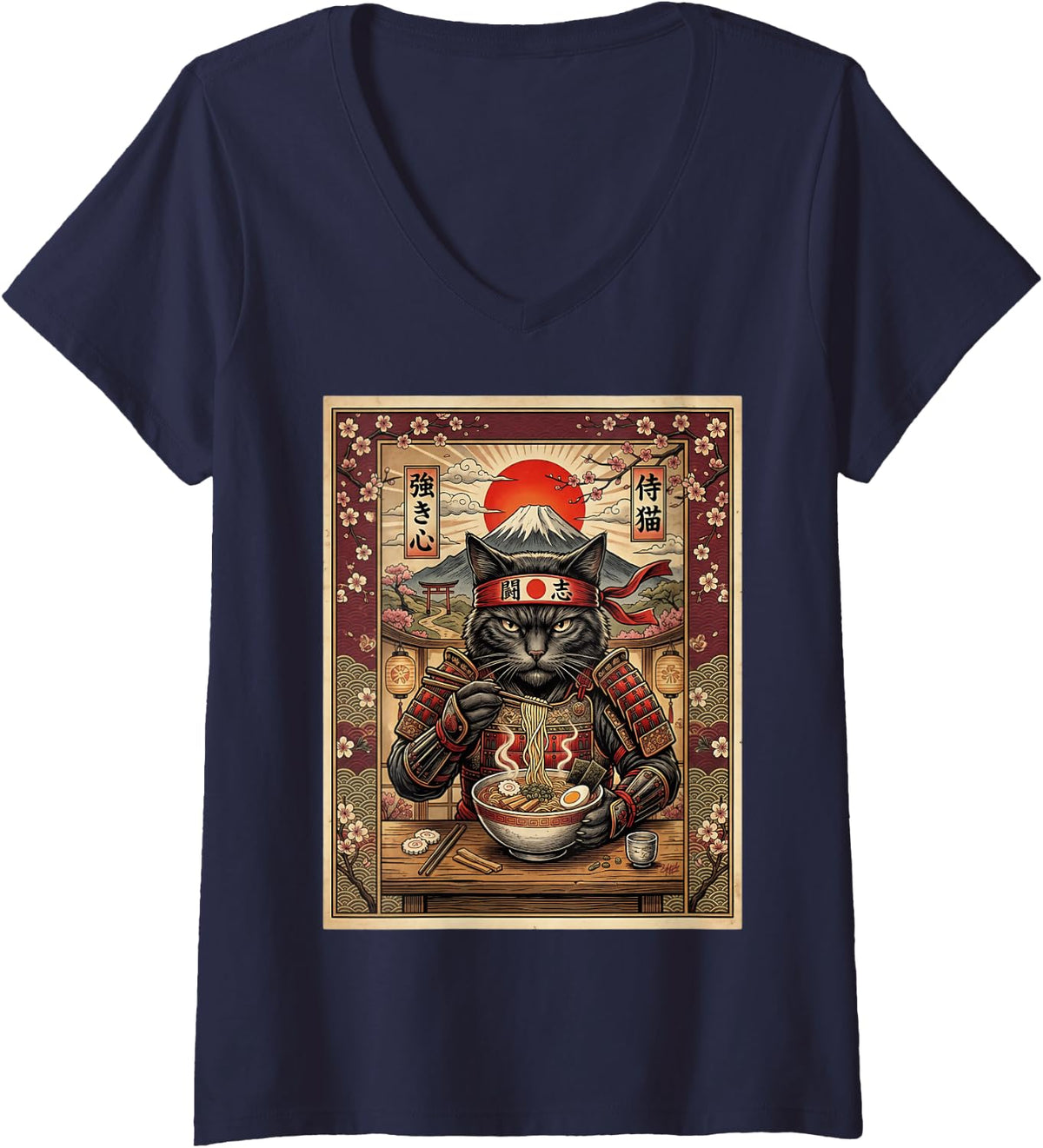 Women's Ramen Noodles Cat Japan Graphic Samurai Warrior Manga Snack V-Neck T-Shirt - Navy Blue