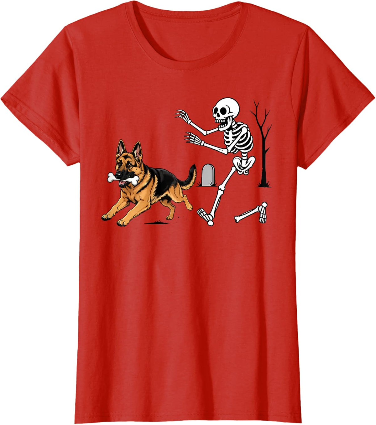 German Shepherd Dog Breeds Halloween Skeleton Chasing Funny T-Shirt - Red