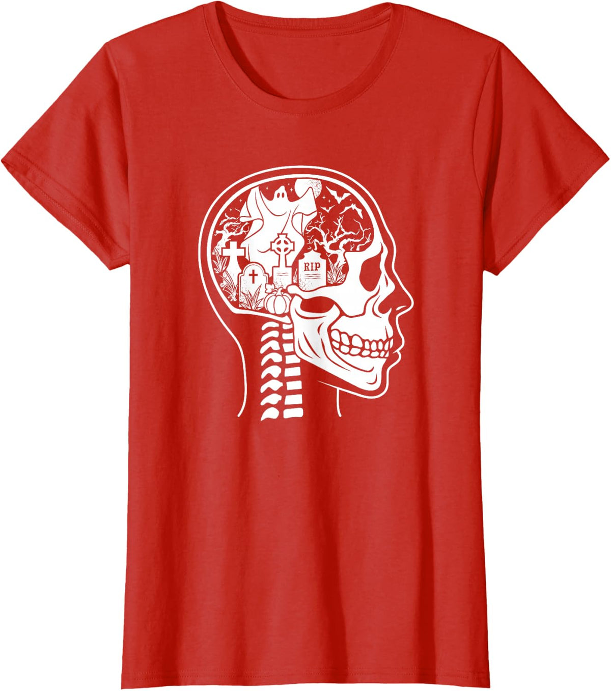Thinking About Halloween All The Time Ghost Graveyard Skull T-Shirt - Red