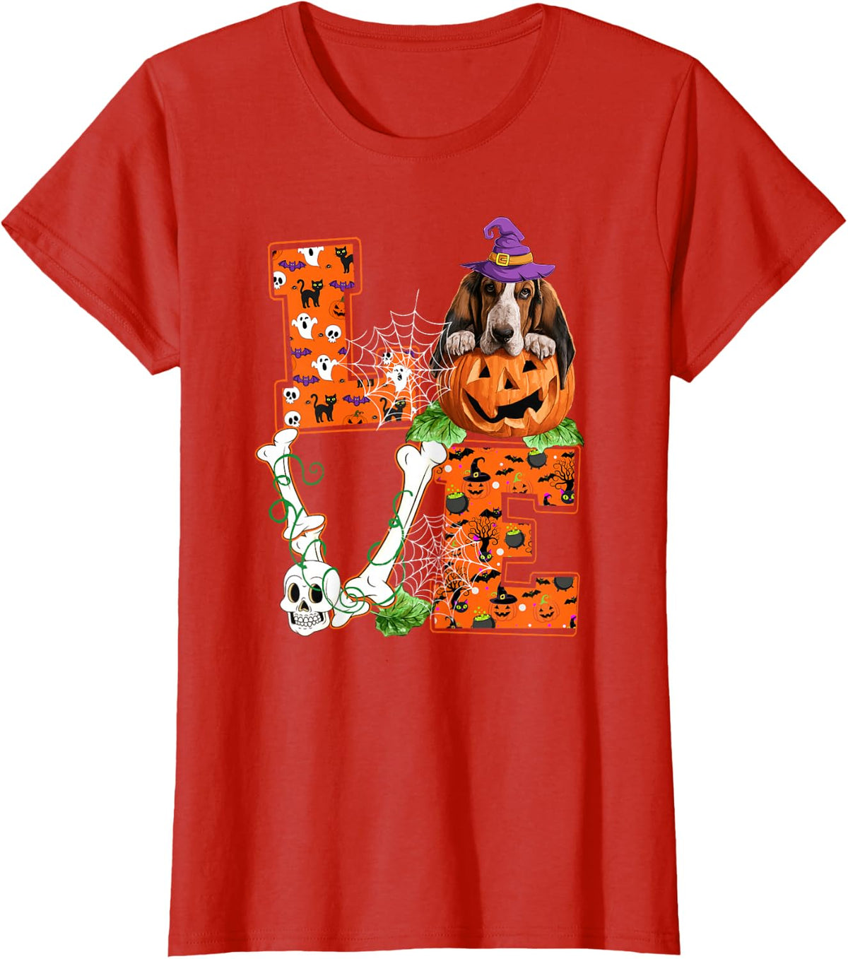 Love Halloween Basset Hound Costume Witch Pumpkins Lover T-Shirt - Red