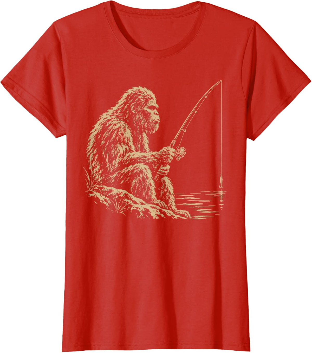 Bigfoot Fishing with Rod Funny Fisherman Angler Sasquatch T-Shirt - Red