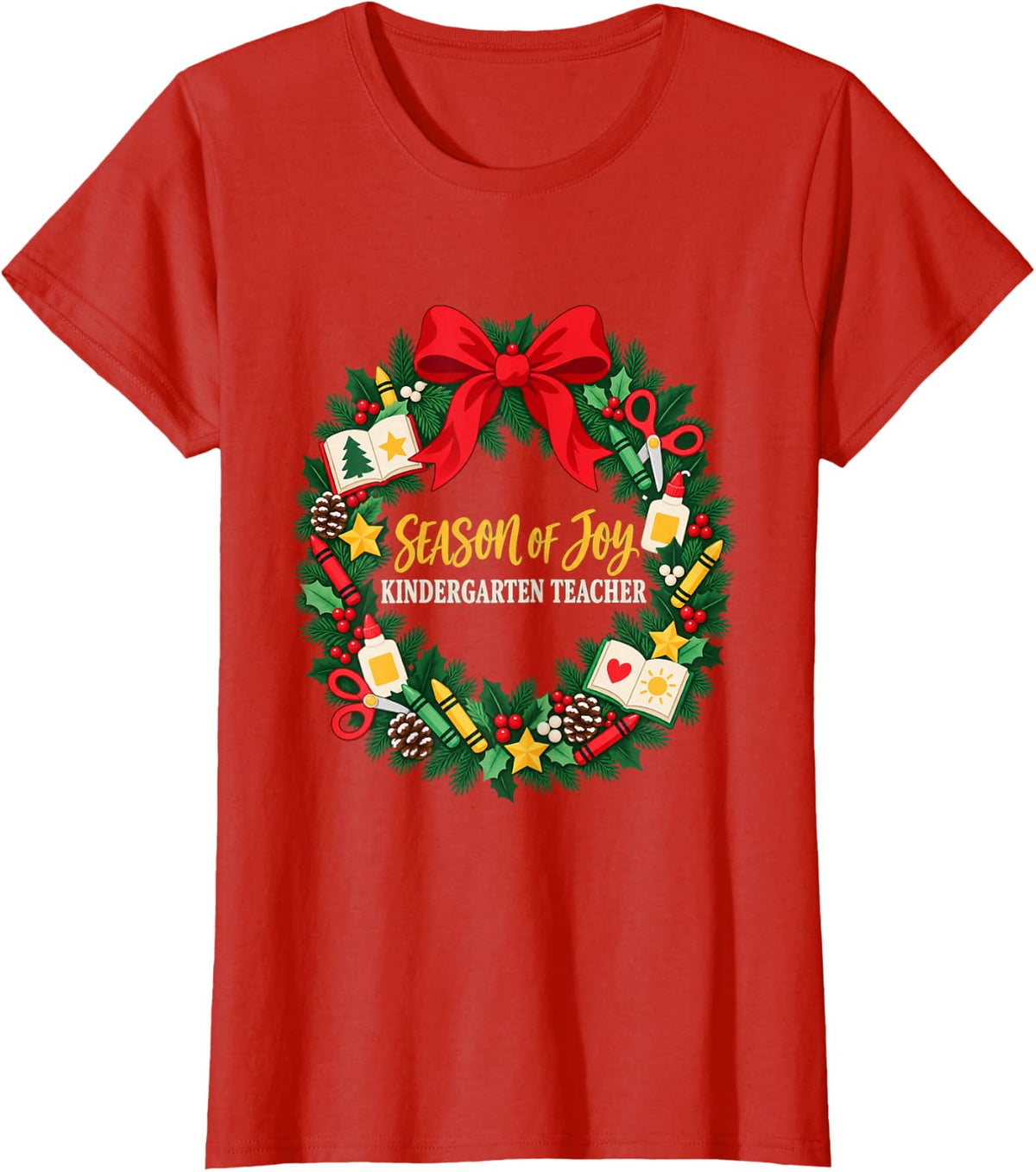 Christmas Kindergarten Teacher Festive Wreath T-Shirt - Red